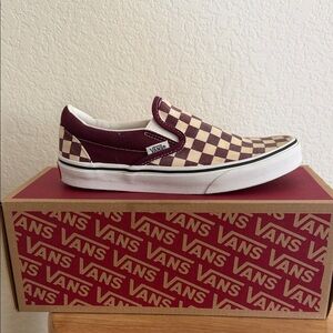 Vans Maroon and Cream Checkerboard Slip-Ons